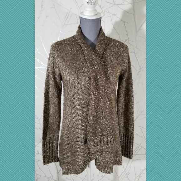 ii Sisters Light Brown Sequined Mohair Blend Open Front Cardigan - Picture 5 of 6